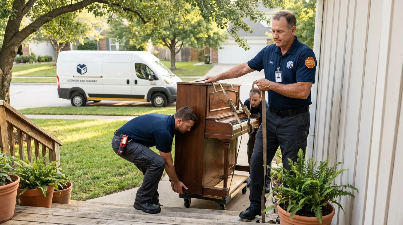 Licensed piano movers securing grand piano in Lake in the Hills, IL