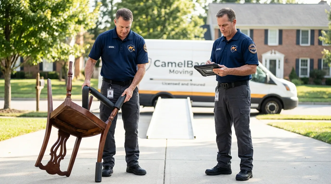 Movers inspecting furniture for damage prevention before loading in Lake in the Hills, IL