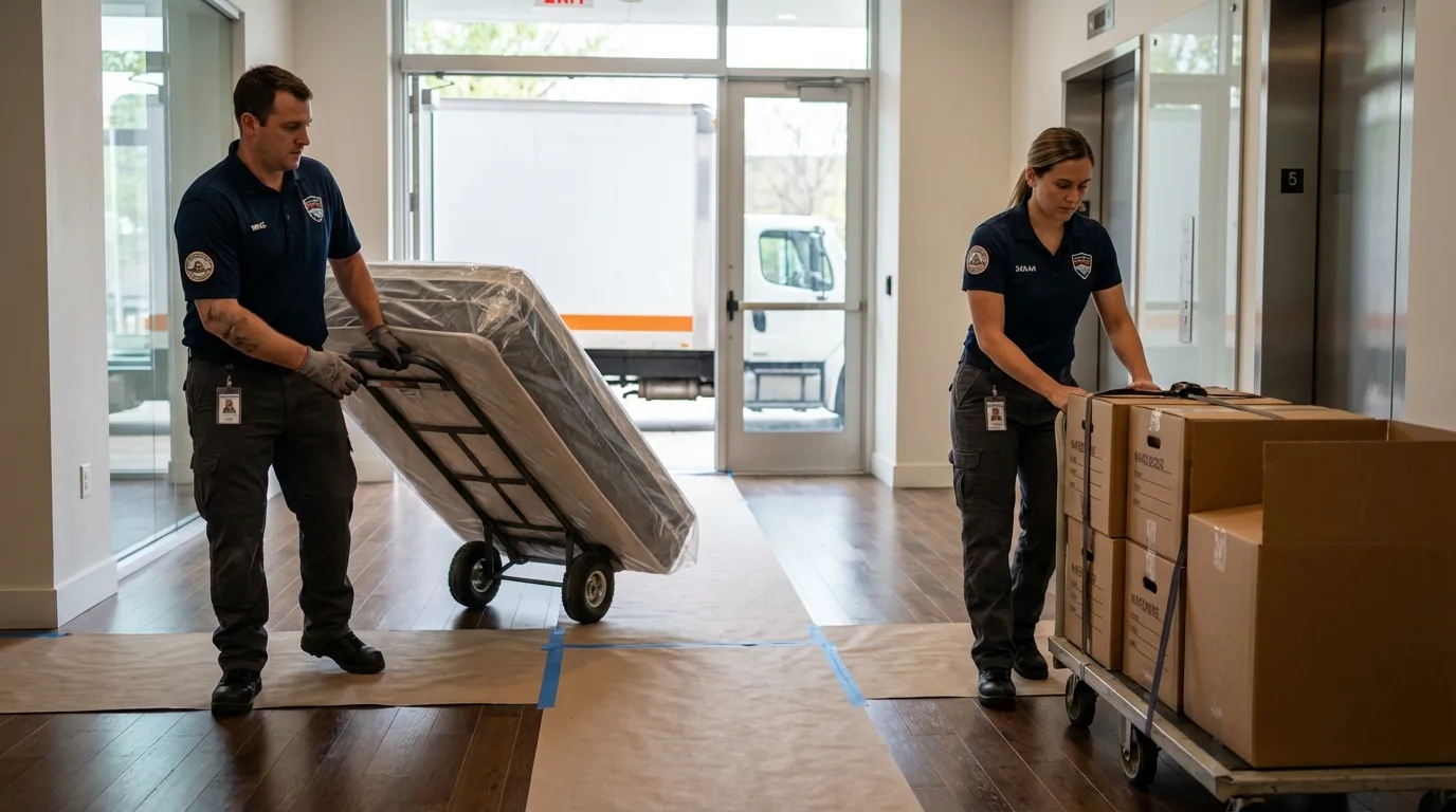 Professional apartment movers loading elevator in Lake in the Hills, IL