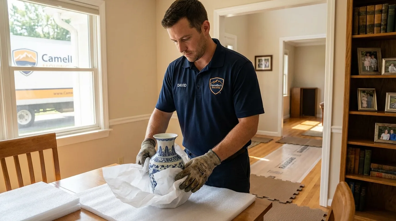 Professional crew carefully wrapping antique vase for senior downsizing move in Lake in the Hills, IL