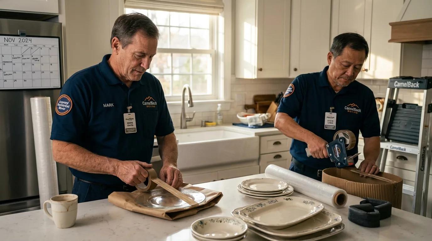 Professional crew packing kitchen dishware in Lake in the Hills, IL